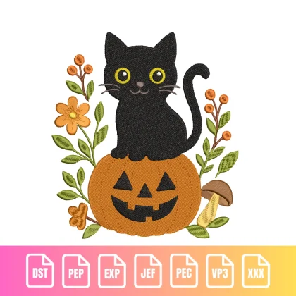 Cute Halloween Black Cat on Pumpkin Animal Holiday | C002